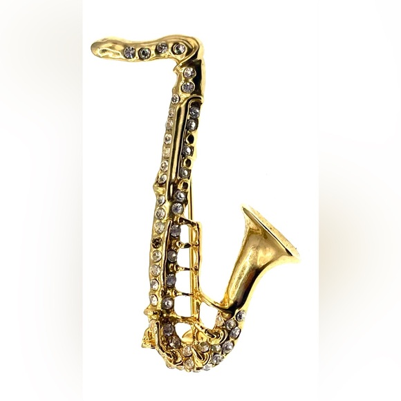 Vintage 1990s Figural Saxophone Gold Tone Brooch Pin with Faceted Crystals - Picture 1 of 5